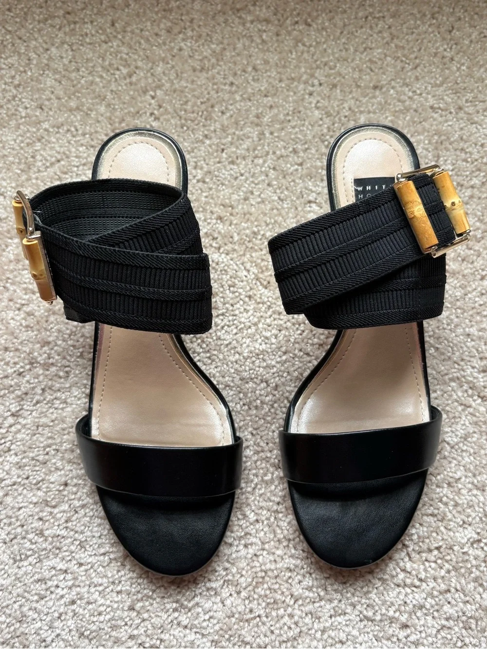 White House Black Market Black Open-Toe Heeled Sandals with Gold Buckle